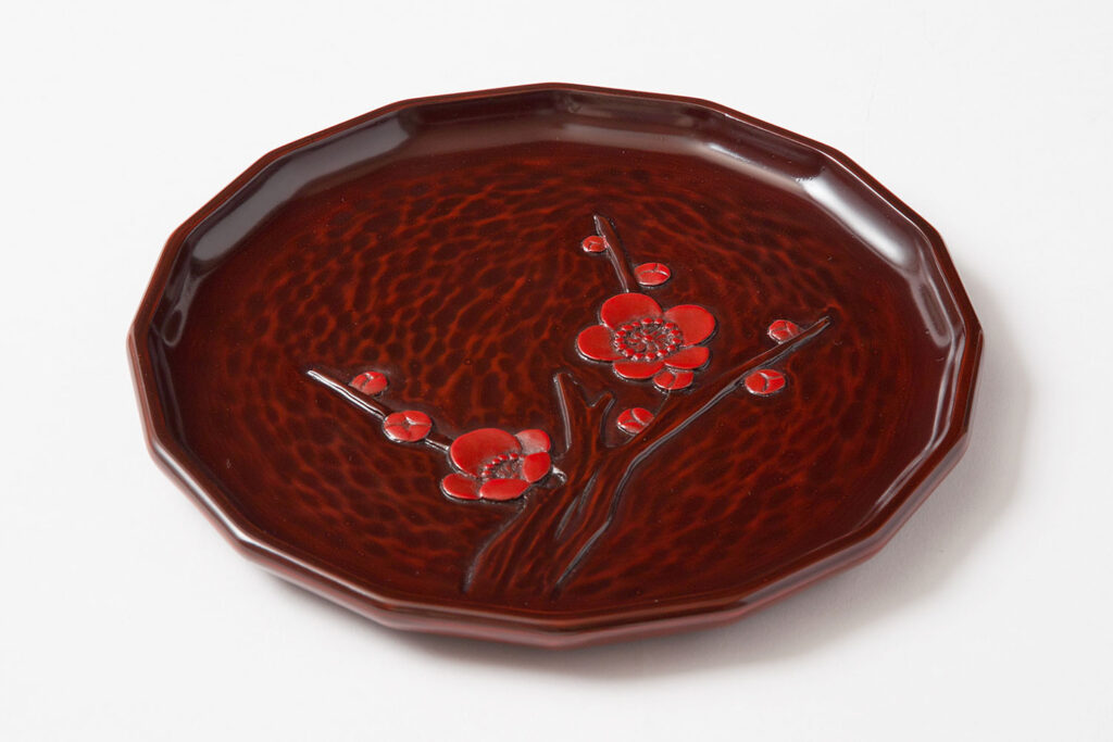 十六角盆 9寸一色朱 枝梅